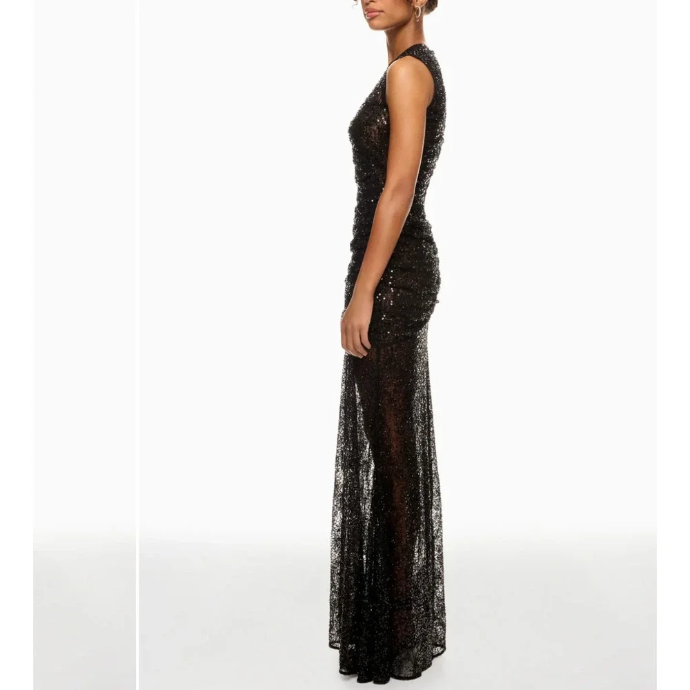 Aknvas Black Sequin Gown Size 6 Formal Luxury Sheer Ruched Flattering $1000 - Picture 4 of 13